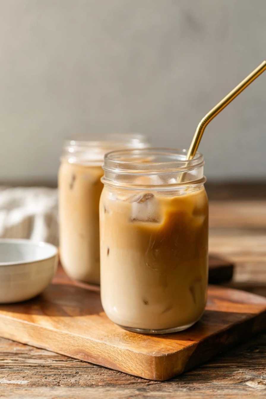 Home 12 Mason jars of iced protein coffee with golden straws on a wooden board