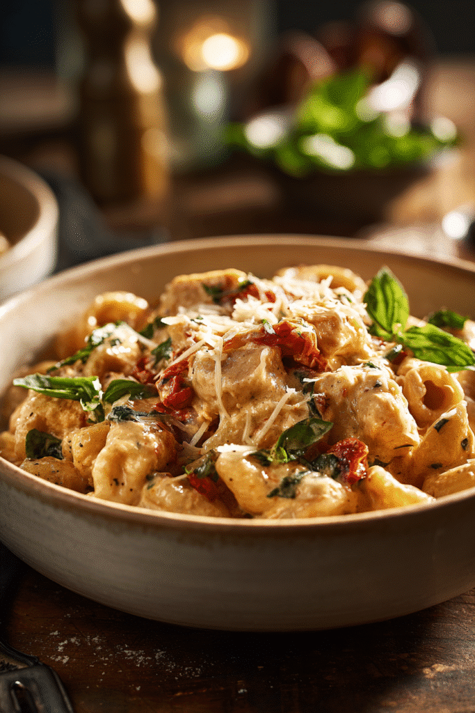 High-Protein Marry Me Chicken Pasta That Fuels Your Day - 2025 1 Serving bowl with High-Protein Marry Me Chicken Pasta topped with basil and parmesan, no sun-dried tomatoes