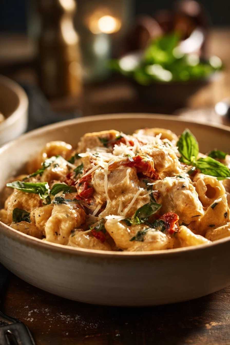 Home 11 Serving bowl with High-Protein Marry Me Chicken Pasta topped with basil and parmesan, no sun-dried tomatoes