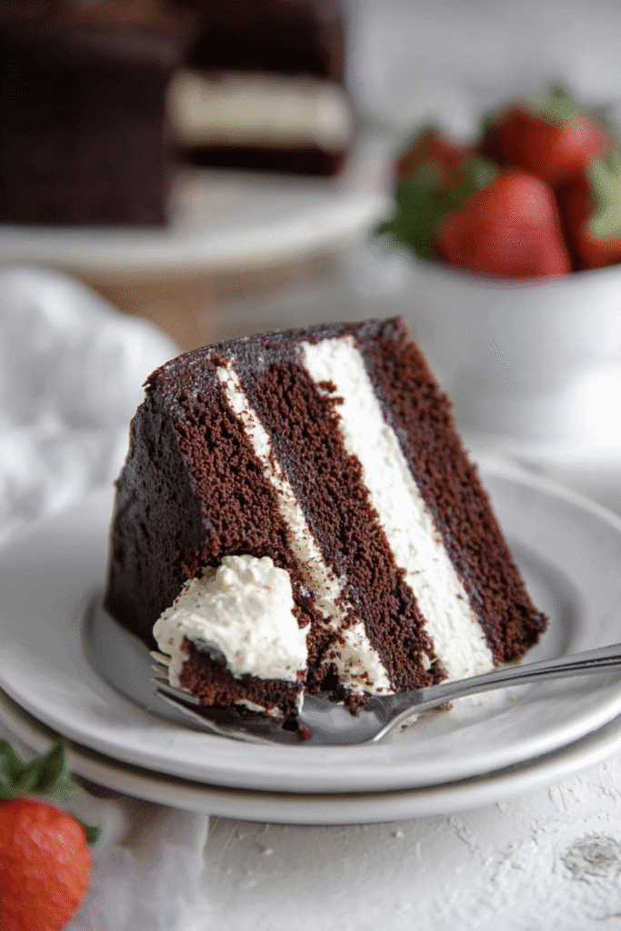 Keto Ding Dong Cake – A Rich, Creamy Classic Made Low Carb 5 Slice of Keto Ding Dong Cake with bite on fork and strawberries