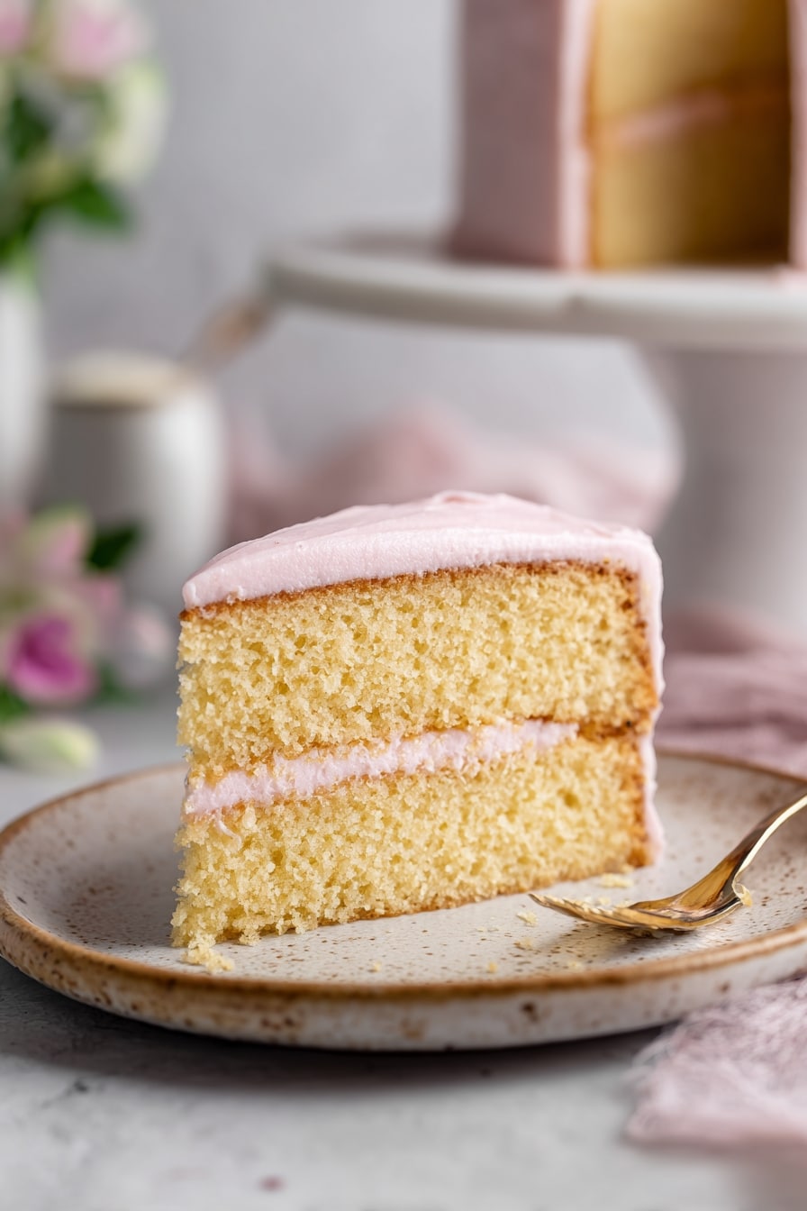 slice-of-keto-vanilla-cake-with-pink-frosting A slice of keto vanilla cake with pink frosting on a ceramic plate