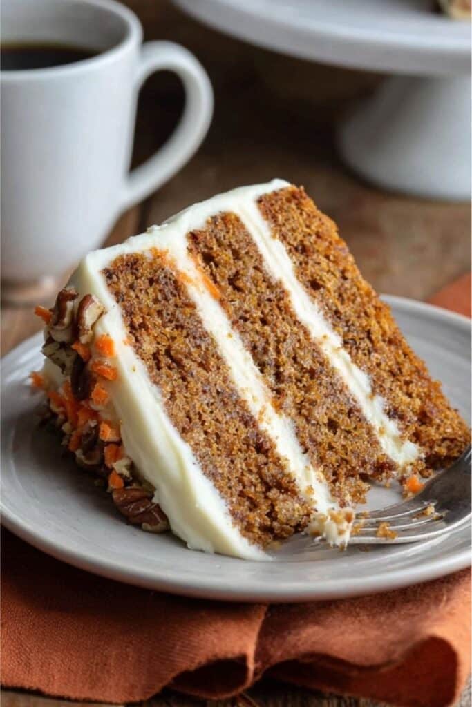 Keto Carrot Cake Recipe That’s Moist, Easy & Perfect for Low Carb Days 4 Slice of keto carrot cake with bite taken, coffee in background