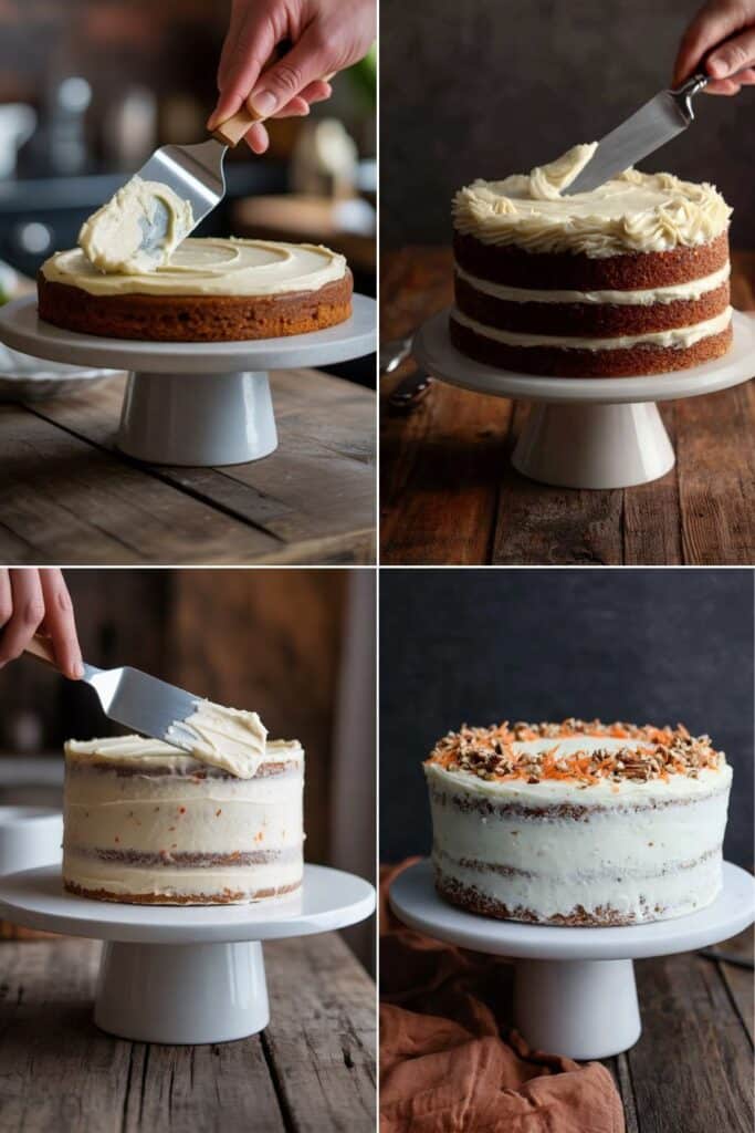Keto Carrot Cake Recipe That’s Moist, Easy & Perfect for Low Carb Days 3 Step-by-step keto carrot cake frosting and decorating process on cake stand
