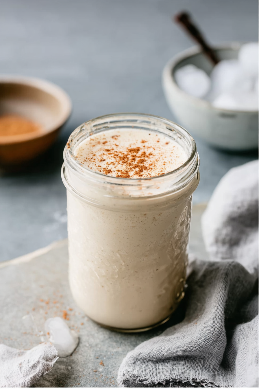 Vanilla Protein Shake That Actually Tastes Good – 2025 2 Glass mason jar filled with a creamy vanilla protein shake, topped with cinnamon, styled on a gray stone counter with ice cubes, linen cloth, and a bowl of cinnamon in the background.