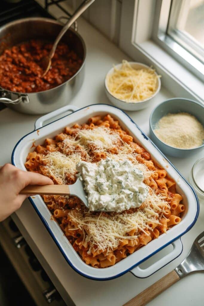 Protein Pasta: A Delicious Way to Fuel Your Body With Every Bite 4 A hand spreading cottage cheese mixture over a layer of pasta and shredded cheese in a white baking dish.