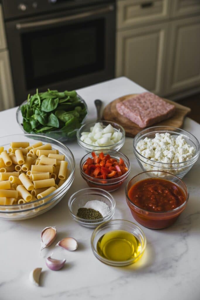 Creamy Cottage Cheese Pasta High Protein – A Cozy, Muscle-Fueling Meal 3 Ingredients for creamy cottage cheese pasta on a kitchen counter, including pasta, spinach, meat, vegetables, and sauce.