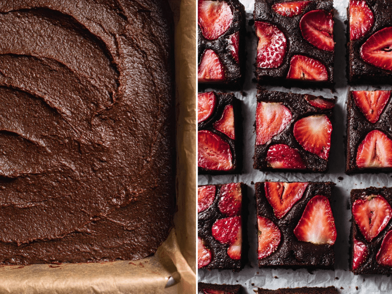 Vegan Protein Brownies – A Rich, Guilt-Free Treat You’ll Crave 5 Side-by-side of brownie batter before baking and finished strawberry-topped brownies.