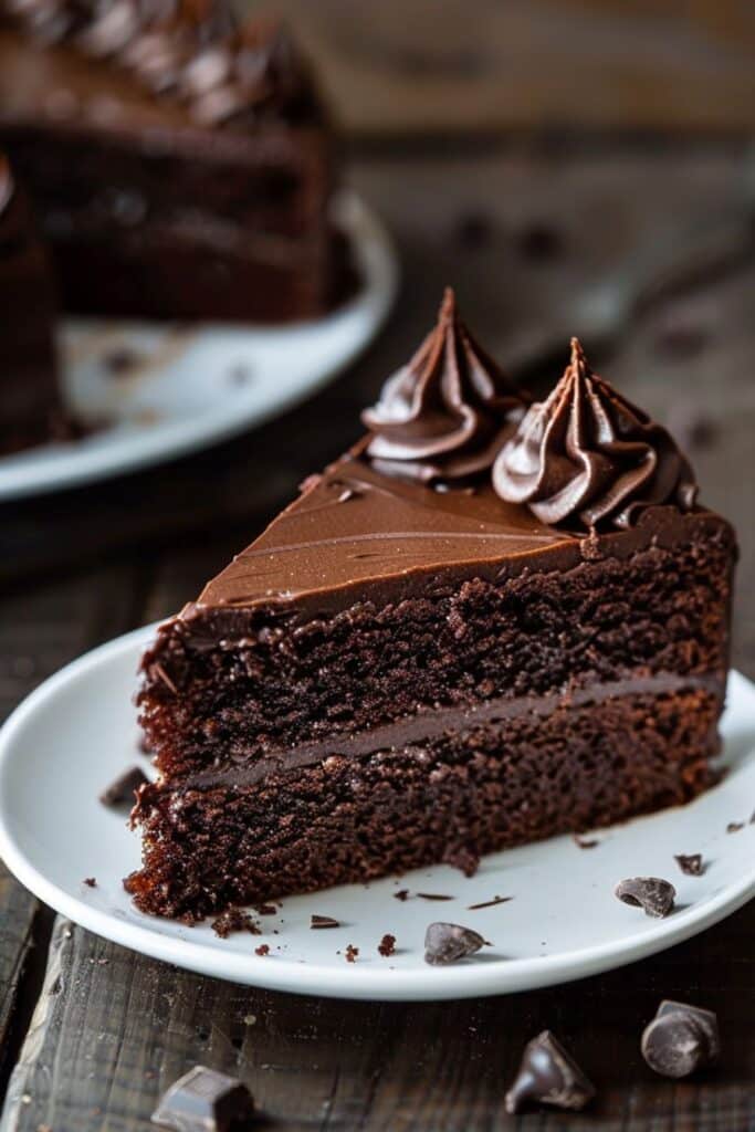 Chocolate Keto Cake That’s Moist, Rich, and Guilt-Free 1 Close-up of a moist, double-layer chocolate keto cake slice topped with smooth, sugar-free chocolate frosting, served on a white plate.