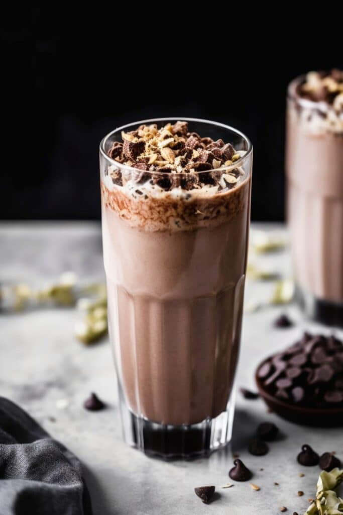 Chocolate Protein Shake Recipe You’ll Crave Every Morning 1 Chocolate protein shake topped with crushed chocolate cereal and chips