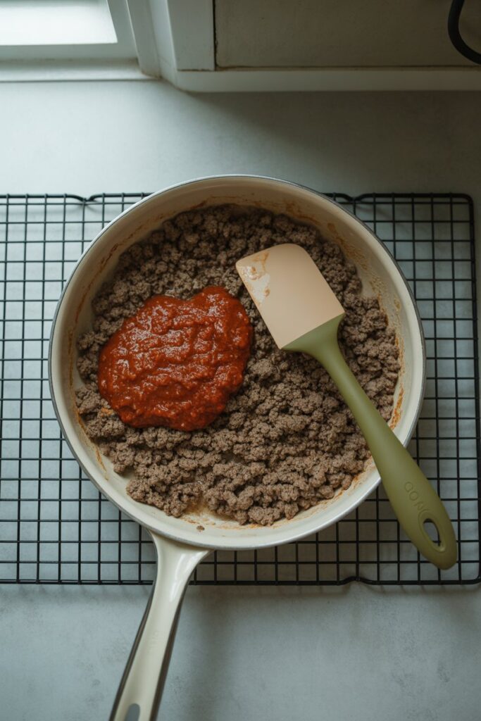 Protein Pasta: A Delicious Way to Fuel Your Body With Every Bite 3 Ground beef in a cream-colored skillet with marinara sauce and a green-handled spatula on a cooling rack.