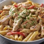 Creamy Cajun Chicken Pasta High-Protein served in a white bowl
