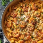 Creamy Cajun Shrimp Pasta in a white pot with low-carb penne and golden shrimp