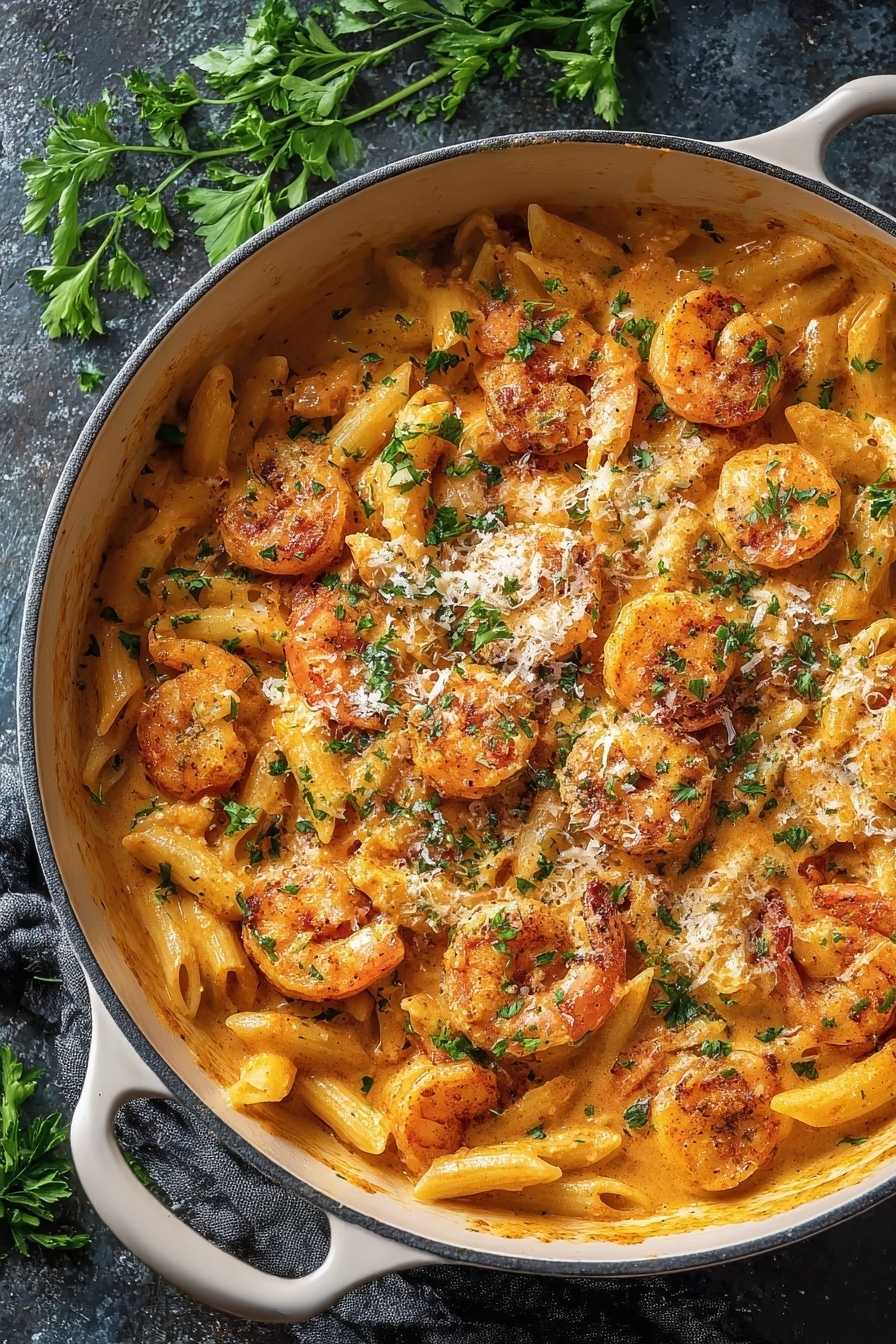 Home 5 Creamy Cajun Shrimp Pasta in a white pot with low-carb penne and golden shrimp