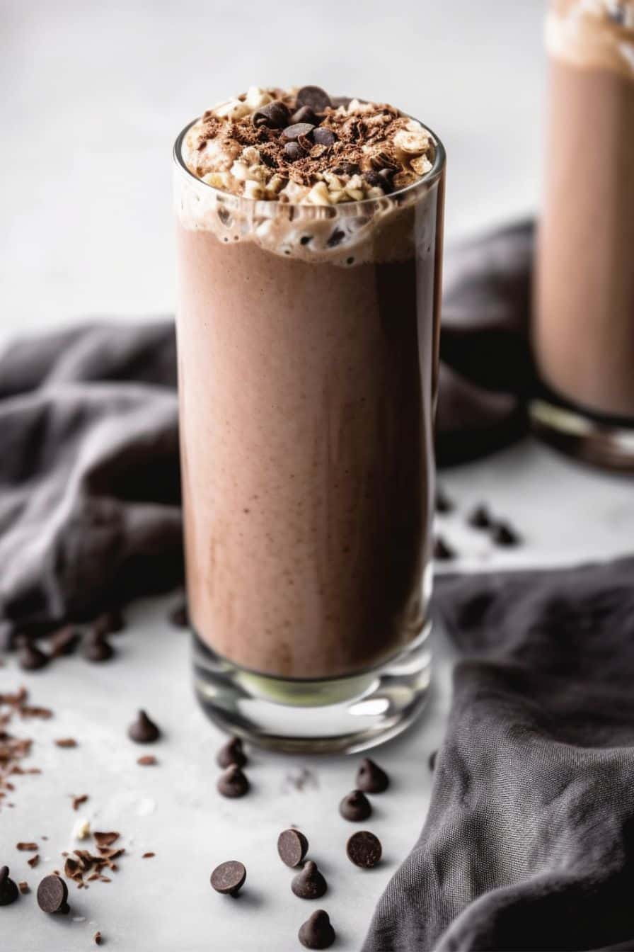 Chocolate Protein Shake Recipe You’ll Crave Every Morning 2 Chocolate protein shake in tall glass with chocolate chip topping