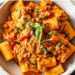 Bowl of creamy cottage cheese pasta with rigatoni, ground turkey, red bell peppers, and fresh basil on top.