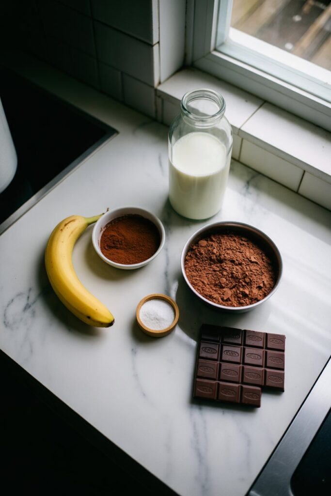 Chocolate Protein Shake Recipe You’ll Crave Every Morning 3 Chocolate protein shake ingredients on marble surface