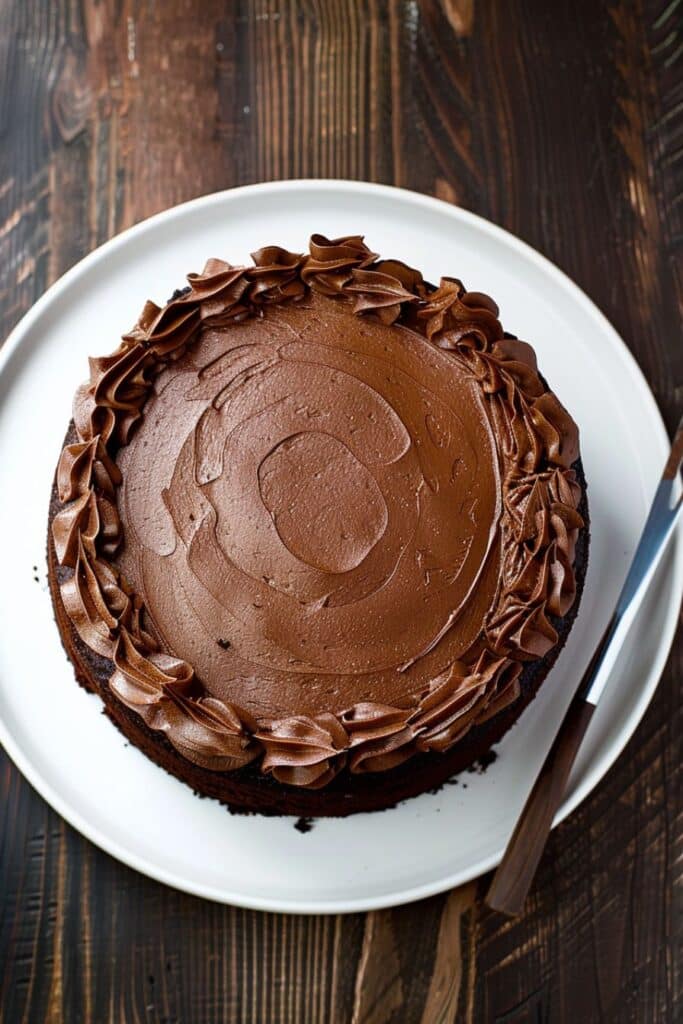 Chocolate Keto Cake That’s Moist, Rich, and Guilt-Free 4 Whole chocolate keto cake with smooth frosting and piped swirls on a white plate