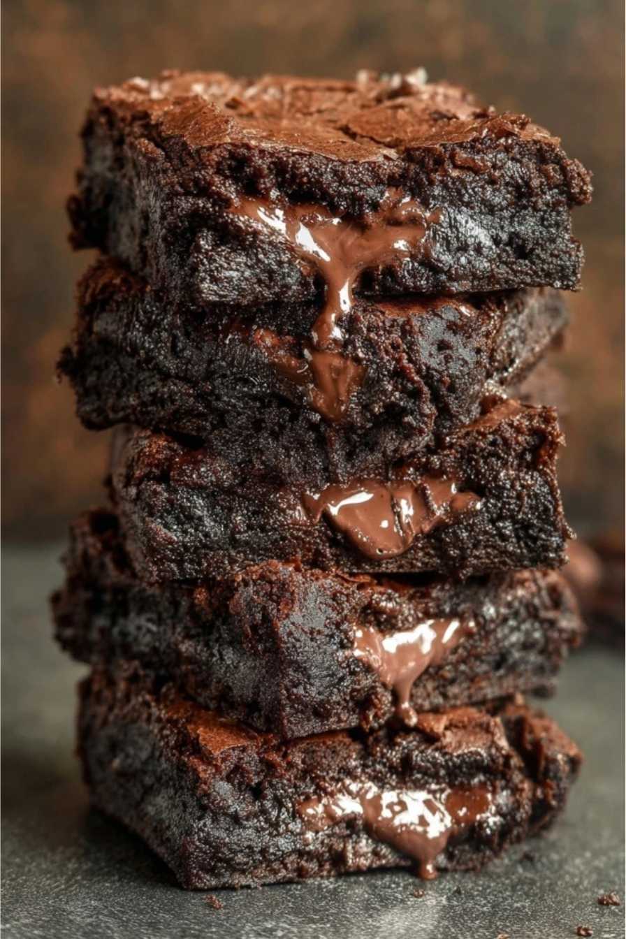 Home 4 Stack of fudgy Greek yogurt brownies with melted chocolate