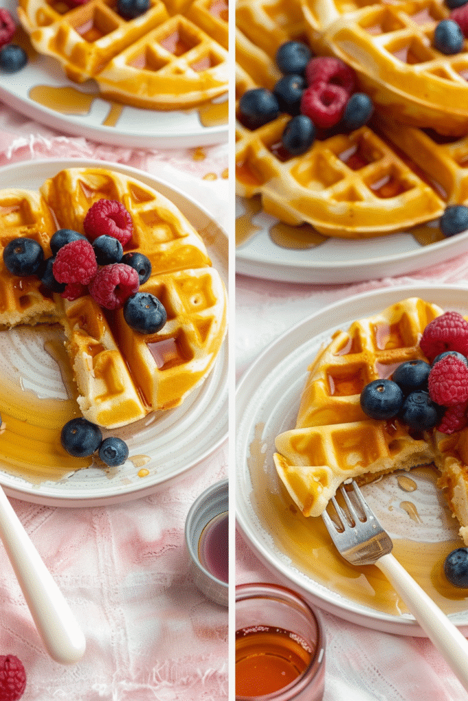 Keto Waffles Recipe – Low Carb, Crispy & Irresistibly Fluffy 4 Half-eaten keto waffles with blueberries, raspberries, and syrup.