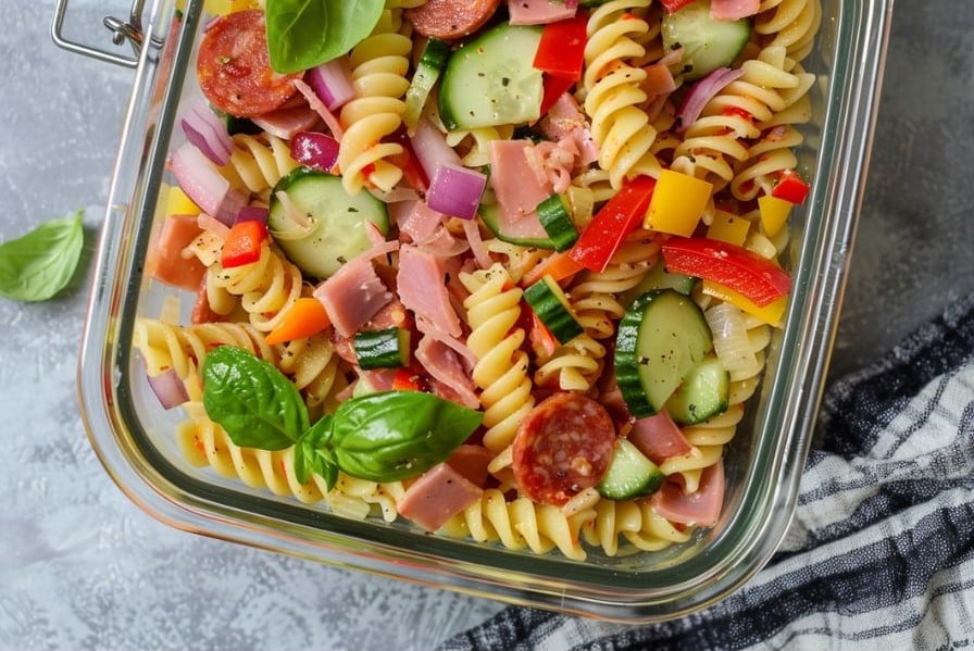 High Protein Italian Pasta Salad That’s Bold, Fresh, and Filling 2 Overhead shot of high protein Italian pasta salad in a glass container with rotini pasta, sliced cucumber, red onion, turkey pepperoni, bell peppers, and fresh basil.