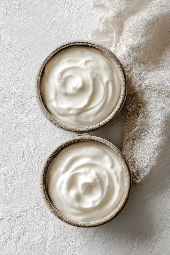 Keto Yogurt – The Creamy Low-Carb Fix That Feels Like a Treat 3 Two bowls of plain homemade keto yogurt with linen and spoon