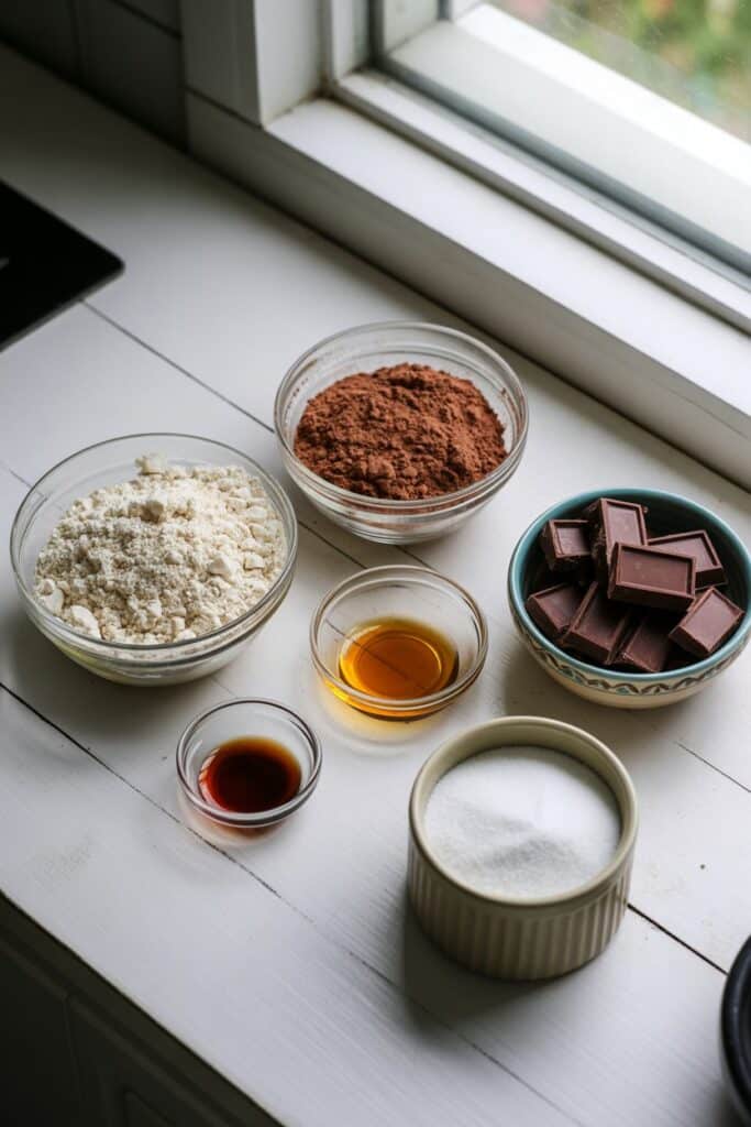 Chocolate Keto Cake That’s Moist, Rich, and Guilt-Free 3 Keto chocolate cake ingredients in bowls on a white wooden surface