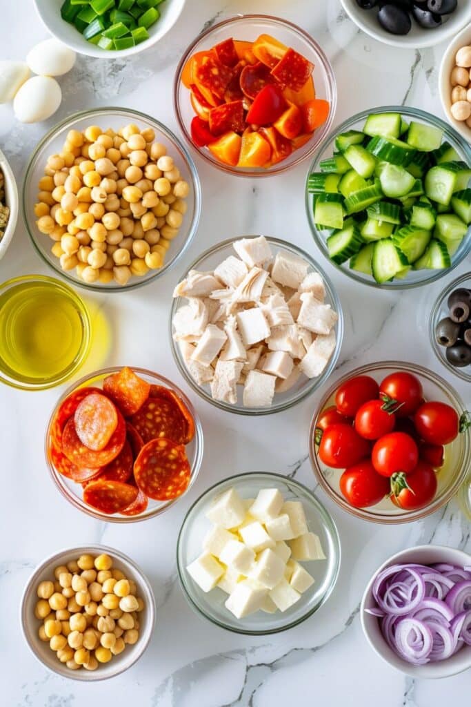 High Protein Italian Pasta Salad That’s Bold, Fresh, and Filling 3 Overhead view of glass bowls filled with ingredients for high protein Italian pasta salad, including chicken, chickpeas, turkey pepperoni, cucumber, cherry tomatoes, mozzarella, and red onion.