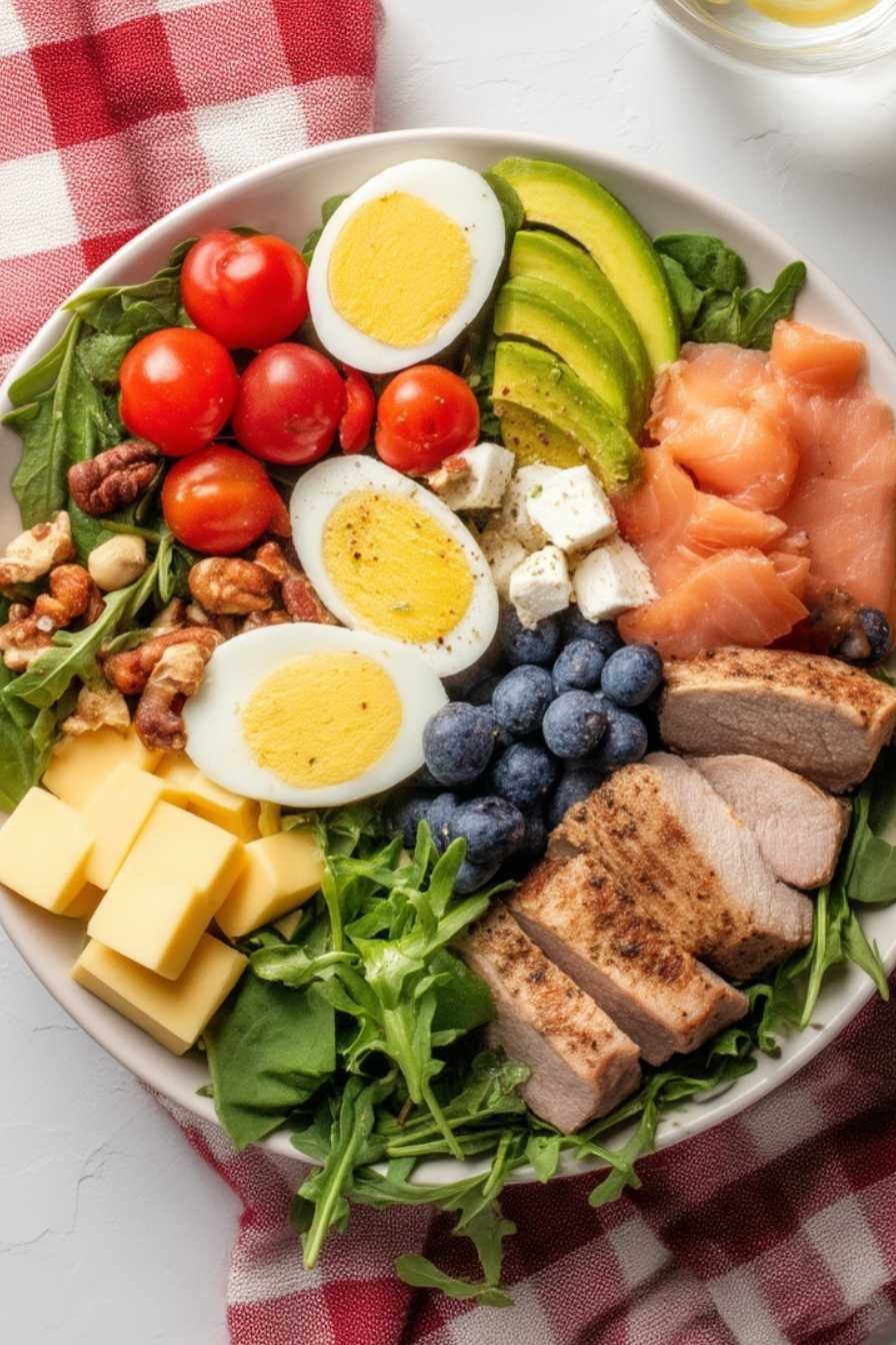 Home 2 Top-down view of a keto-friendly protein bowl with sliced pork, eggs, smoked salmon, cheddar cheese, avocado with blueberries, cherry tomatoes, leafy greens, and nuts on a white plate.