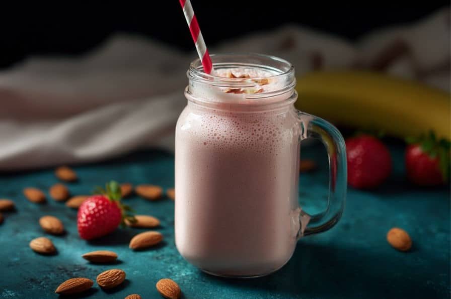 Low Calorie Protein Shake That’s Delicious, Quick & Body-Goal Friendly 2 Low calorie protein shake in a mason jar with a striped straw, surrounded by almonds, strawberries, and banana on a teal surface.