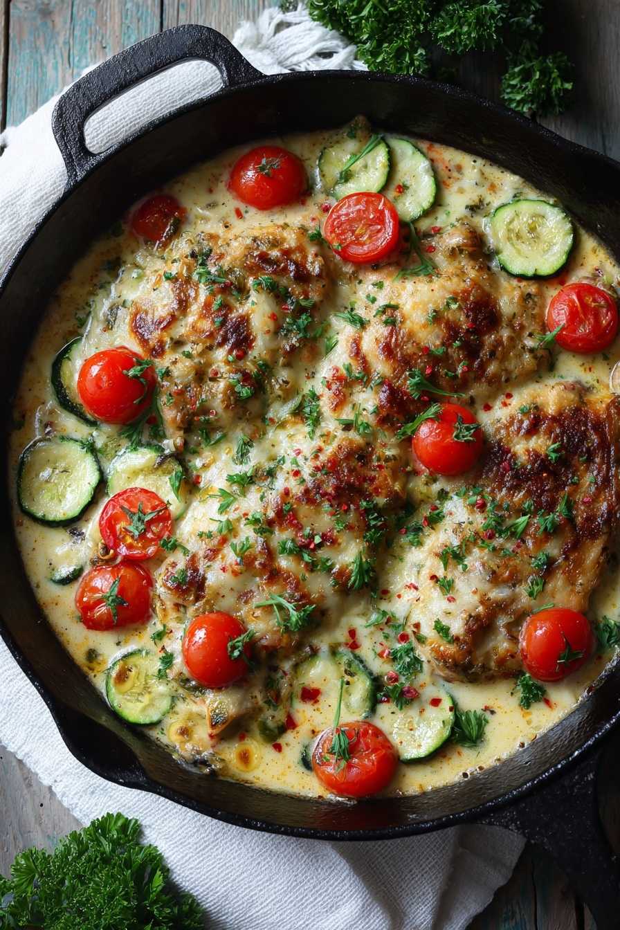 Home 1 zucchini skillet with melted cheese in cast iron pan