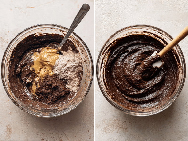 Vegan Protein Brownies – A Rich, Guilt-Free Treat You’ll Crave 4 Side-by-side mixing process of vegan protein brownie batter in a glass bowl.