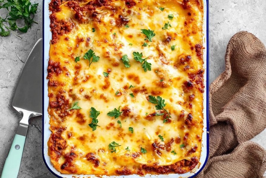 Protein Pasta: A Delicious Way to Fuel Your Body With Every Bite 2 Baked protein pasta casserole topped with golden melted cheese and fresh parsley in a white enamel baking dish.