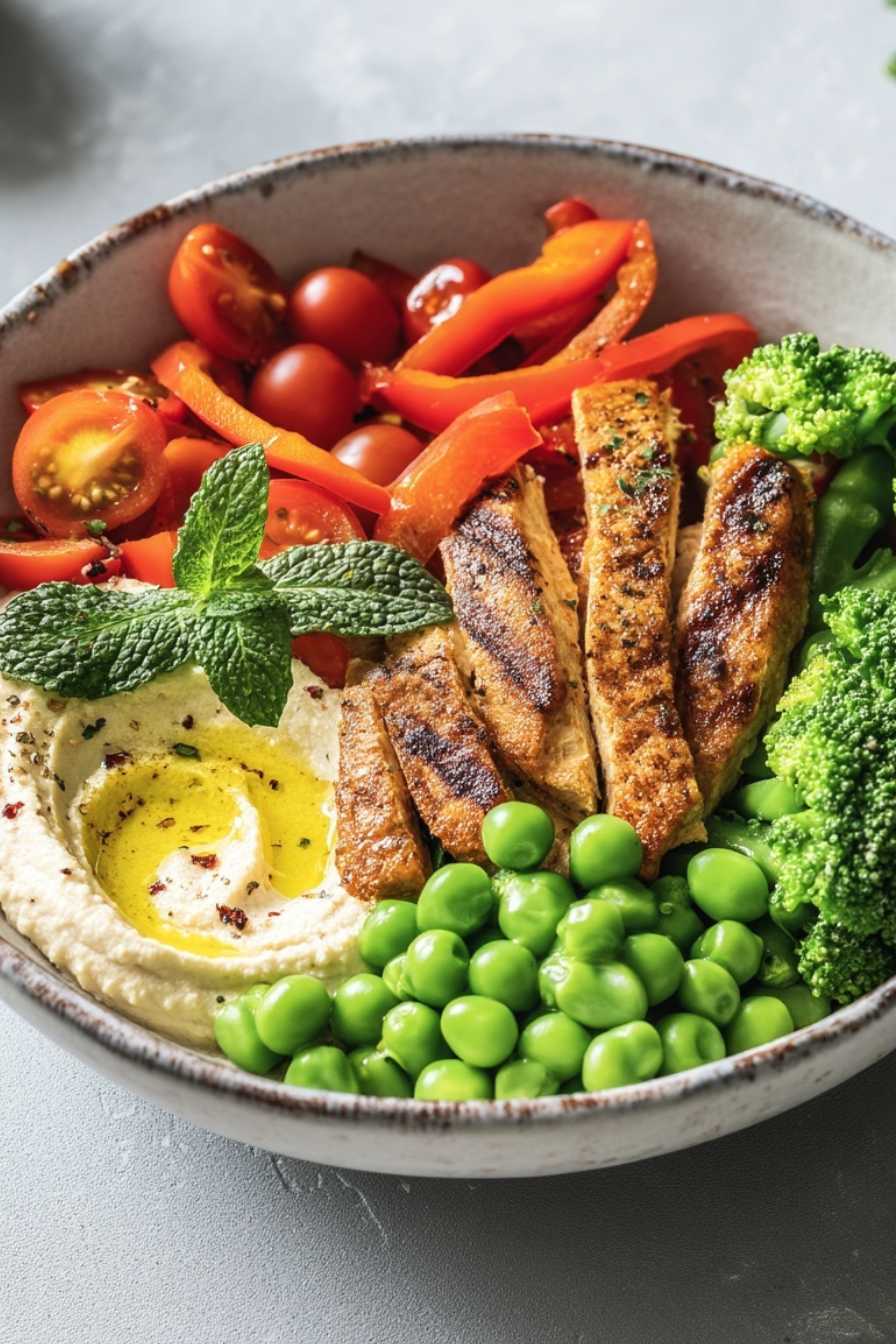 Home 3 Colorful high-protein bowl with grilled chicken breast, cherry tomatoes, red peppers, peas, broccoli, and creamy hummus with olive oil and mint in a shallow ceramic bowl.