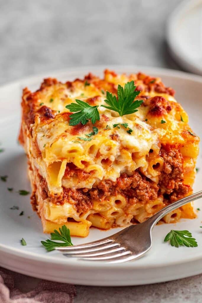 Protein Pasta: A Delicious Way to Fuel Your Body With Every Bite 1 A square slice of baked protein pasta layered with meat sauce and cheese, garnished with parsley on a white plate.