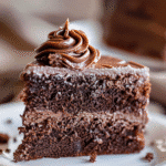A slice of moist chocolate keto cake with creamy frosting swirl on a white plate