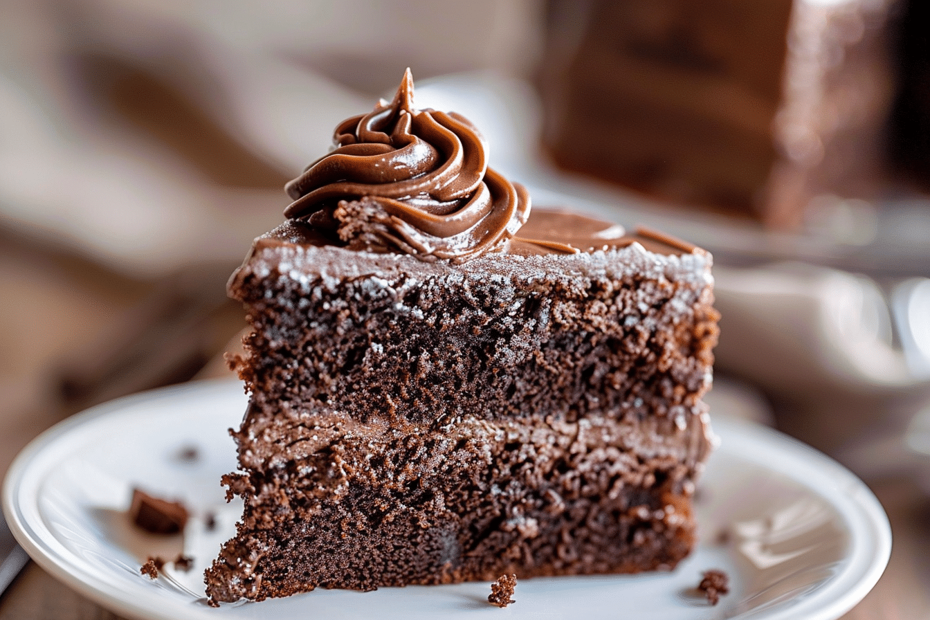 Chocolate Keto Cake That’s Moist, Rich, and Guilt-Free 2 A slice of moist chocolate keto cake with creamy frosting swirl on a white plate