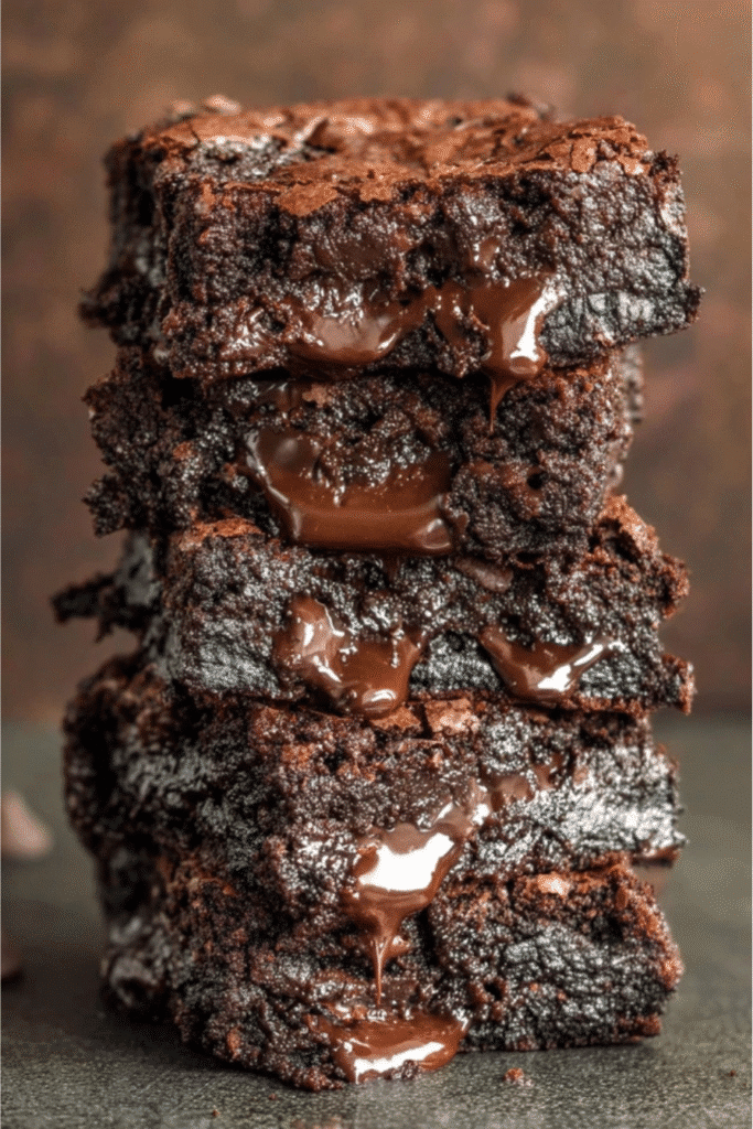Greek Yogurt Brownies – Low Carb, Fudgy & Guilt-Free Dessert 3 Gooey stack of Greek yogurt brownies on parchment paper