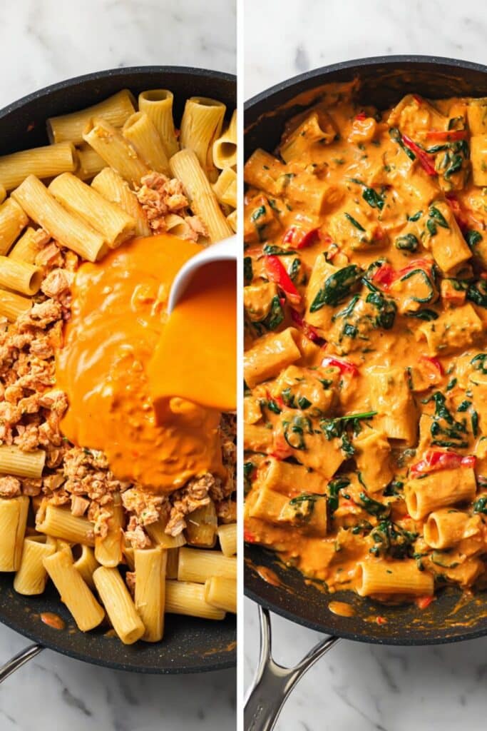 Creamy Cottage Cheese Pasta High Protein – A Cozy, Muscle-Fueling Meal 4 Two side-by-side images of a skillet; one with rigatoni, turkey, and sauce being poured, and the other showing the final creamy pasta with spinach.