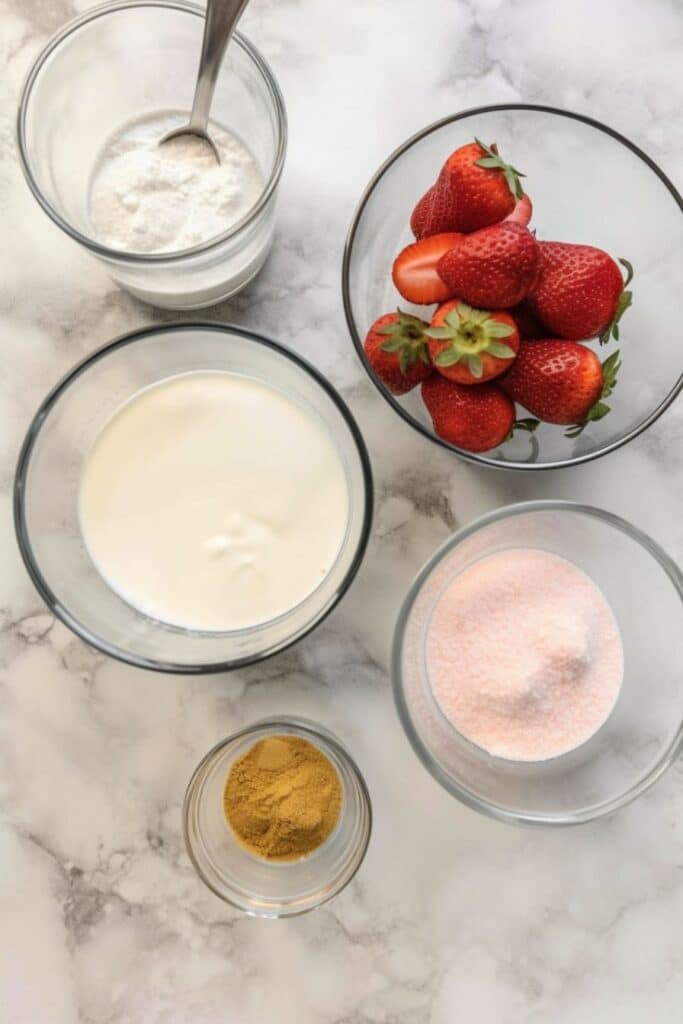 Low Calorie Protein Shake That’s Delicious, Quick & Body-Goal Friendly 3 Glass bowls with strawberries, milk, and powders for a protein shake on marble surface.